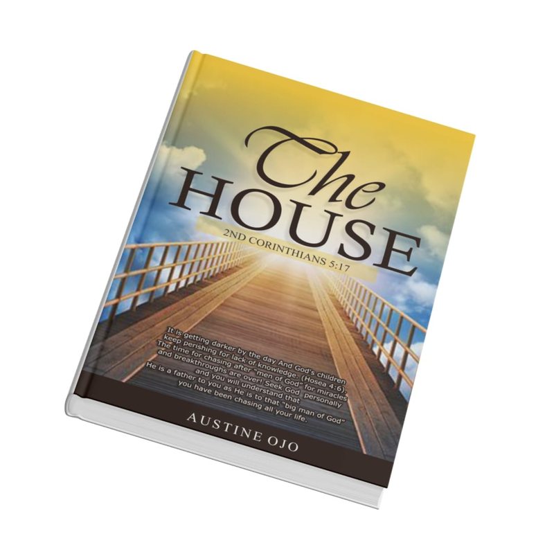 Angled book mockup of The House by Austine Ojo